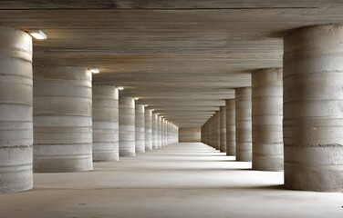 Surreal abstraction of concrete pillars creating a distorted arc in an expansive underground space, evoking tranquility and contemplation
