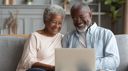 Happy senior couple using a laptop computer while sitting together on a sofa in their living room, both are smiling and look delighted.