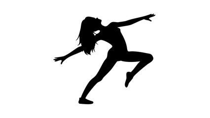 Silhouette of a woman in a dynamic pose with arms outstretched and one leg raised in mid air action