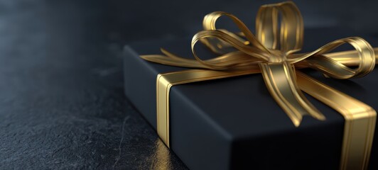 The elegant black gift box with a shiny gold ribbon ready for celebration.