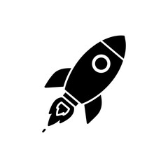 Black Rocket Silhouette with Flames and a Circular Window Ascending Upward.