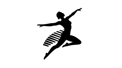 Silhouette of a woman in a dynamic pose with outstretched arms and a striped design near her waist area