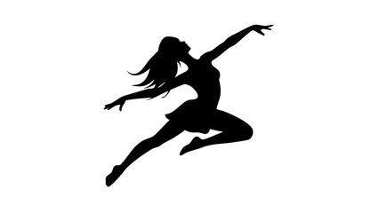 Silhouette of a woman in a dynamic pose with arms outstretched and flowing hair in black and white