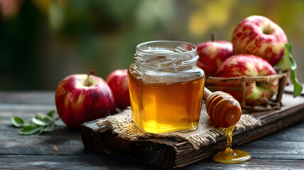 Rustic Farmhouse Table with Apples and Honey Jar