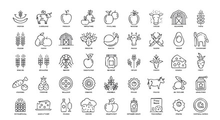 Collection of simple line art illustrations depicting farm and food-related objects.