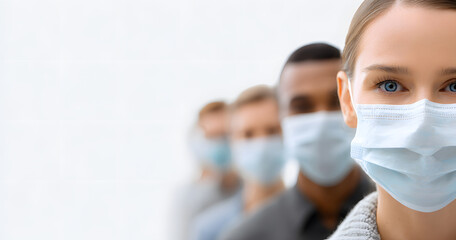 Group portrait of people wearing face masks on a white background with copy space on the left. Created for flu awareness and public safety messages, styled for clean health communication.