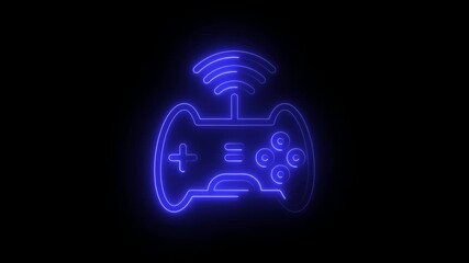 Glowing Blue Neon Game Controller Icon with Wireless Signal on Black Background Digital Art - Powered by Adobe