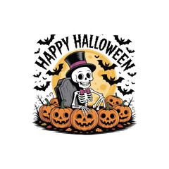 Happy Halloween Cartoon Skeleton with Pumpkins, Gravestone, and Bats – Festive Jack-o'-Lantern Greeting Vector


