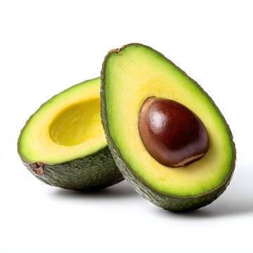 A single perfect ripe avocado, sliced in half