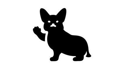 Silhouette of a corgi dog standing with its paw raised in a waving gesture on a white background