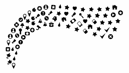 Collection of black icons including stars hearts houses and various other symbols in an arc shape