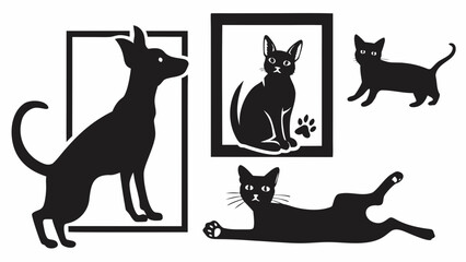 Silhouette of a dog in a frame and several cats in various poses on a white background image art