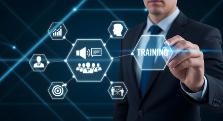 Obraz premium Professional businessman highlights digital training network, emphasizing growth and team collaboration for success.