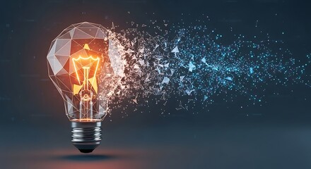 Polygonal light bulb exploding into a dynamic stream of blue and orange digital data particles