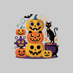 Funny Halloween Pumpkins with Black Cat, Cauldron, and Bat – Cute Cartoon Jack-o'-Lantern Vector on Gray Background

