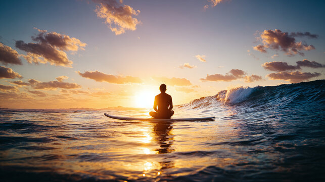 Sunset Serenity: Silhouette of a person seated in a lotus position on a surfboard in the ocean as a wave approaches during a golden sunset.