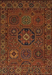 Intricate geometric designs within a handwoven artisanal tapestry carpet exhibit cultural artistry