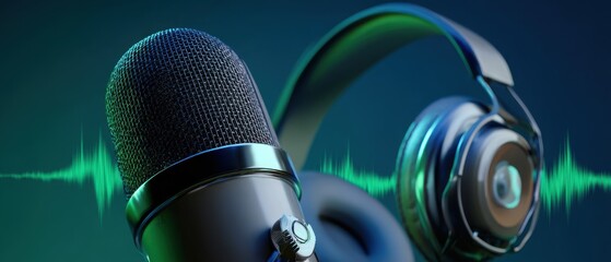 The microphone and headphones setup for professional audio recording and production