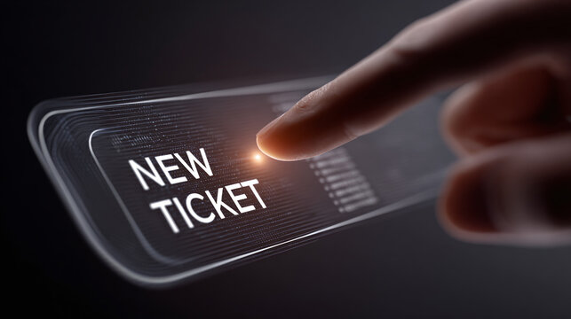 Touching digital 'New Ticket' button to create a support ticket. User interface with layered rectangular design. High-tech touch screen.