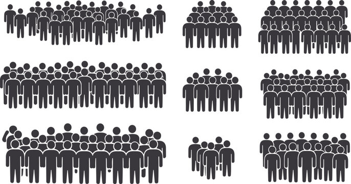 Large group of people icons, crowd illustration, stick figures, population concept, team formation, human gathering, community symbol, unity representation