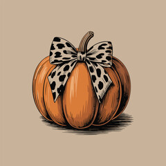 Elegant Pumpkin with Leopard Print Bow – Trendy Fall Decor Vector Illustration   © MSTBENUARA