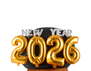 Happy New Year 2026 in Gold Foil Balloon Letters, Front View, Transparent PNG
