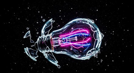 Shattered light bulb bursting with vibrant neon pink and blue internal lights and splashing water on a dark background