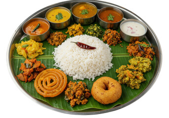 South indian thali meal served on banana leaf isolated on transparent background