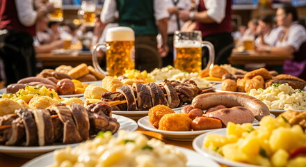 Fototapeta premium Traditional German food on a table at an outdoor event with blurred people and beer mugs in the background. Oktoberfest celebration concept.