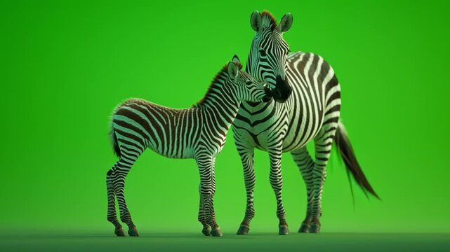 A zebra and its foal standing close together against a bright green background in a studio shot green screen animal video