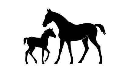 Obraz premium Silhouette illustration of a mare and her foal walking side by side in a simple black and white design