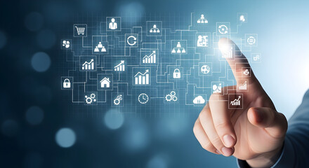 Innovative business strategy planning with digital network of icons and human touch