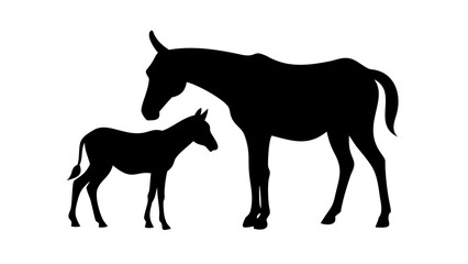 Silhouette illustration of a mare and foal standing side by side on a white background art image