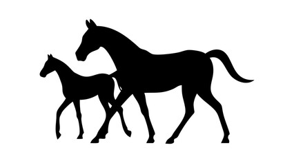Silhouette of a mare and foal walking side by side in a simple black and white illustration art