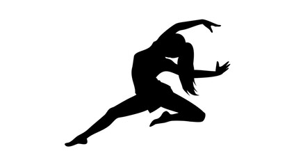 Silhouette of a female dancer in an expressive pose with outstretched arms and a flowing ponytail in black