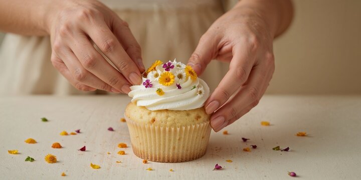 Hands decorating a cupcake with white frosting and small edible flowers on a bright surface