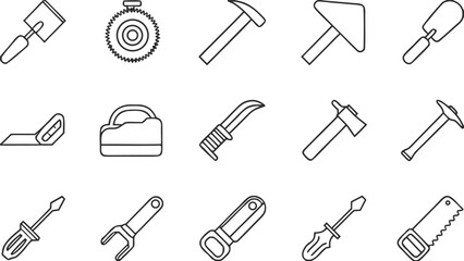 Fototapeta premium Construction Tools Line Icon Set – Editable Vector Outline of Hand Tools, Hammer, Trowel, Screwdriver, Wrench, Utility Knife, and Equipment for Builders, Repair, DIY, Engineering, and Home Projects