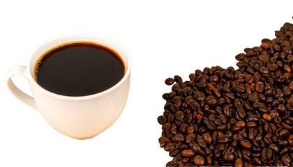 Black coffee and coffee beans top view