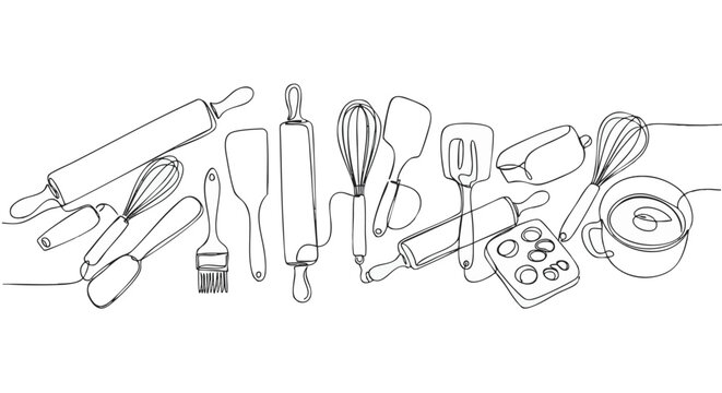 Continuous line drawing of various baking utensils including rolling pins, spatulas, whisks, pastry brush, measuring cups, and a bowl.