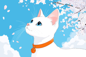 Spring scene with cat and sakura petals