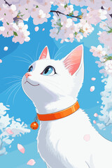 Spring scene with cat and sakura petals