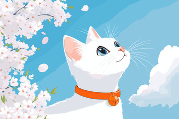 Spring scene with cat and sakura petals