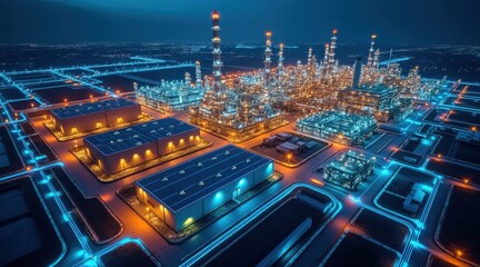 Fototapeta premium Illuminated industrial complex at night with glowing blue and orange lights