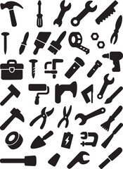 Obraz premium Tool vector icons, a collection of different tool silhouettes including a hammer, saw, and wrench for construction and repair work
