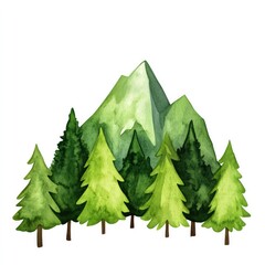 Artistic watercolour depiction of majestic alpine peak surrounded by lush forest for nature-inspired designs