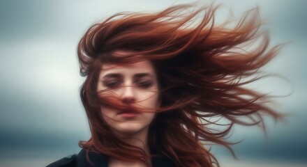 Naklejka premium Woman with flowing auburn hair in a soft light.