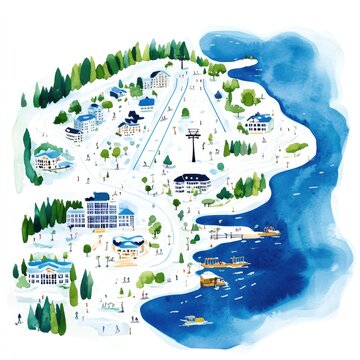 Watercolor map of ski resort on wooden board showcasing winter activities and scenic landscape for adventure travel design