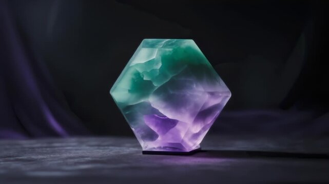Fluorite Crystal Rotating On Dark Surface With Shifting Colors