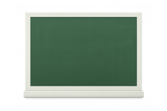 Blank green chalkboard featuring white wooden frame, ready for educational messaging or presentation text against transparent backdrop
