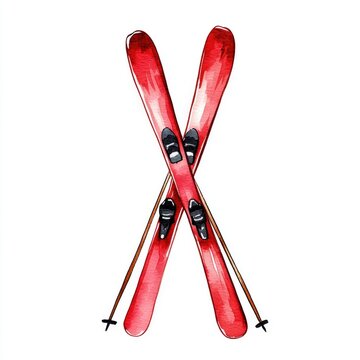 Watercolor illustration of crossed red alpine skis with ski poles for winter sports design